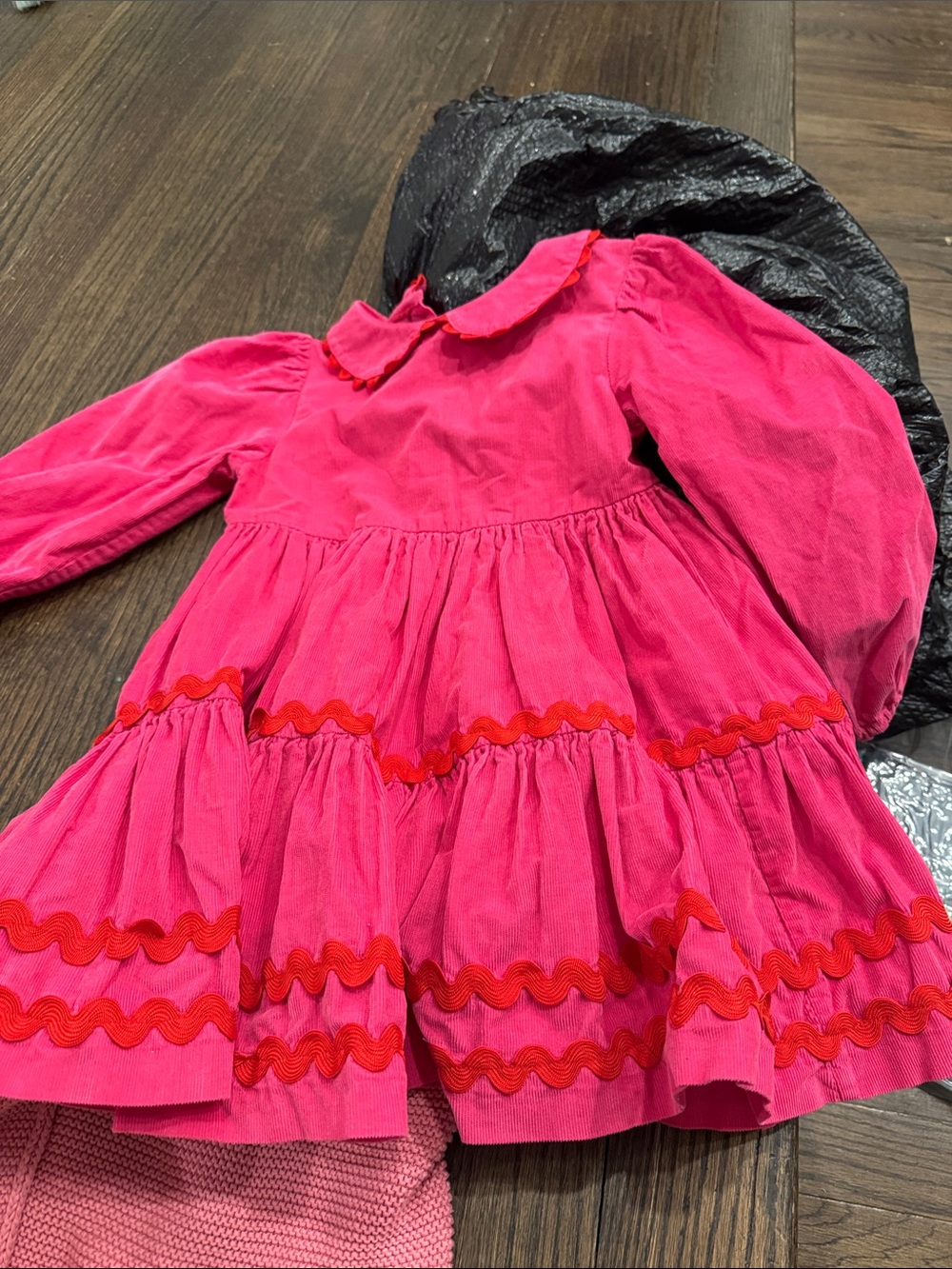 Mini Boden Bright Pink Long-Sleeve Tiered Dress with Red Trim